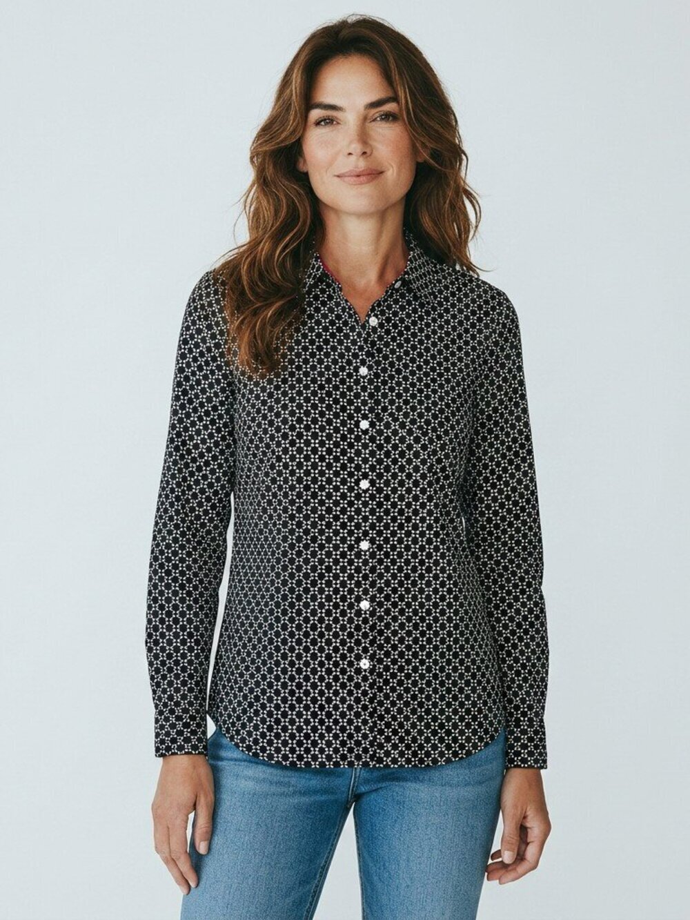 Talbots Petite Size 6P Black Geometric Non Iron 1/2 Button Up Top Shirt 6 P
